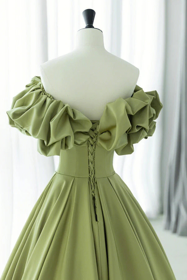 Wholesale Green Satin Long Prom Dress Green A-Line Evening Dress
